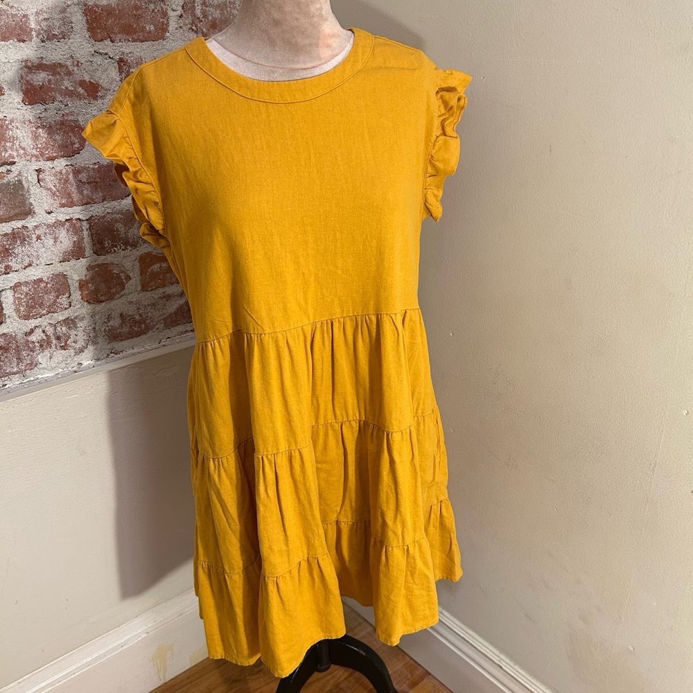 Gold Adyson Parker linen tiered babydoll shift mini dress sleeveless Med. - Picture 2 of 13